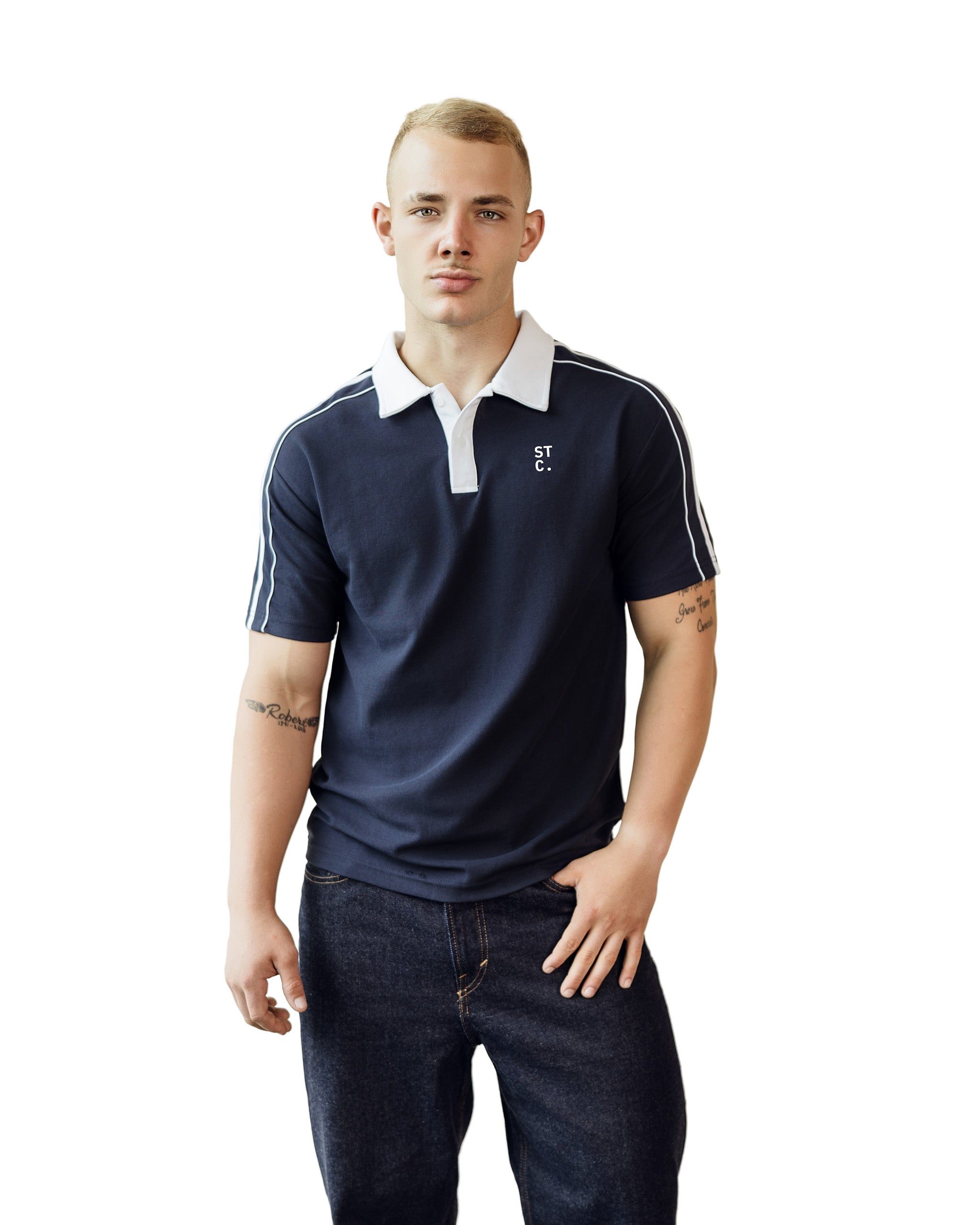 The Monochrome Dual Polo Tee – Contrast Panel Cotton T-Shirt (Navy)