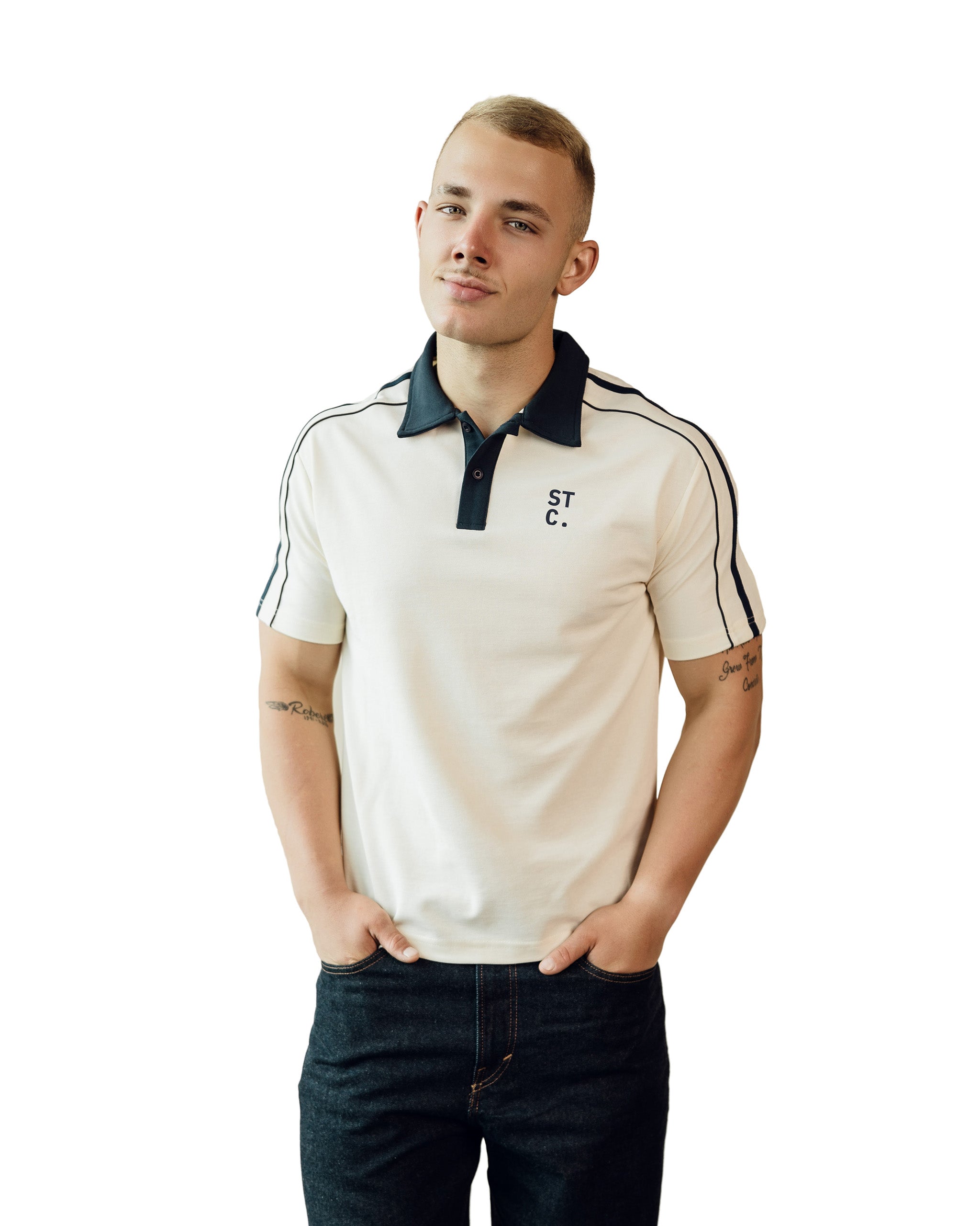 The Monochrome Dual Polo Tee – Contrast Panel Cotton T-Shirt (Mild Apricot)